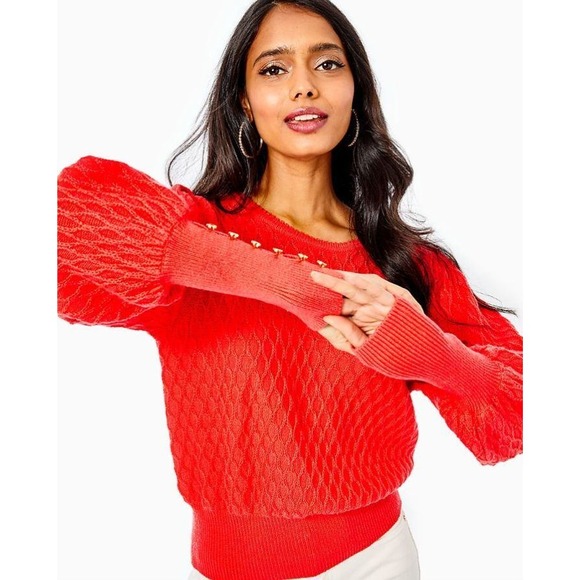 Lilly Pulitzer Sweaters - Lilly Pulitzer Jacquetta Sweater Ruby Red XL Puff Sleeve Gold Button Cuff